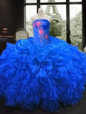 Fashionable Strapless Sleeveless Lace Up Quinceanera Dress Royal Blue Organza