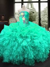 Fashionable Turquoise Strapless Neckline Embroidery and Ruffles Vestidos de Quinceanera Sleeveless Lace Up