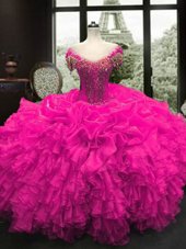 Designer Floor Length Ball Gowns Cap Sleeves Fuchsia Quince Ball Gowns Lace Up