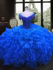 Latest Royal Blue Sweetheart Lace Up Beading and Ruffles Sweet 16 Dress Cap Sleeves