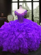 Elegant Cap Sleeves Beading and Ruffles Lace Up Sweet 16 Quinceanera Dress
