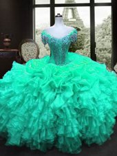 Chic Cap Sleeves Floor Length Lace Up Vestidos de Quinceanera Turquoise and In for Military Ball and Sweet 16 and Quinceanera with Beading and Ruffles