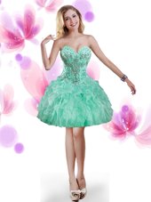 Cute Mini Length Turquoise Military Ball Gown Organza Sleeveless Beading and Ruffles