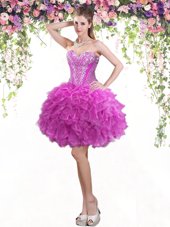 Ideal Tulle Sweetheart Sleeveless Lace Up Beading and Ruffles Teens Party Dress in Fuchsia