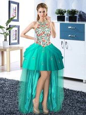 Sexy Halter Top Sleeveless Embroidery and Pick Ups Lace Up Red Carpet Prom Dress