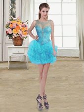 Stunning Baby Blue Scoop Neckline Beading and Ruffles Party Dress Sleeveless Lace Up