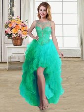 Trendy Scoop Sleeveless High Low Beading and Ruffles Lace Up Cocktail Dresses with Turquoise