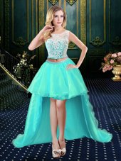 Designer Scoop Sleeveless Organza High Low Clasp Handle Dress Like A Star in Aqua Blue for with Lace