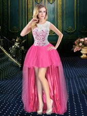 High End Watermelon Red A-line Organza Scoop Sleeveless Beading High Low Zipper Pageant Dress Brush Train
