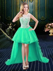 Scoop Sleeveless Zipper Prom Evening Gown Turquoise Organza and Lace