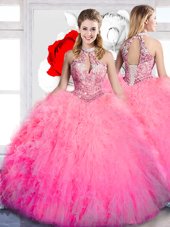 Glamorous Hot Pink Halter Top Neckline Beading and Ruffles Quince Ball Gowns Sleeveless Lace Up
