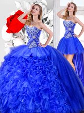 Eye-catching Three Piece Floor Length Ball Gowns Sleeveless Blue Sweet 16 Dresses Lace Up
