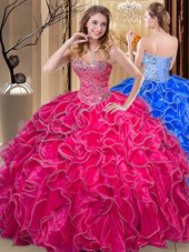 Designer Ball Gowns Quinceanera Gown Hot Pink Sweetheart Organza Sleeveless Floor Length Lace Up