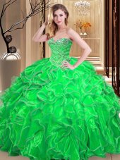 Vintage Ball Gowns Sweetheart Sleeveless Organza Floor Length Lace Up Beading and Ruffles Quinceanera Gown