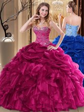 Hot Sale Floor Length Fuchsia Sweet 16 Dress Organza Sleeveless Beading and Pick Ups