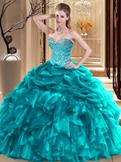 Spectacular Pick Ups Ball Gowns 15 Quinceanera Dress Teal Sweetheart Organza Sleeveless Floor Length Lace Up