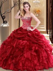 Red Lace Up Sweetheart Beading and Pick Ups Ball Gown Prom Dress Organza Sleeveless