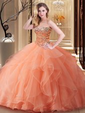 Cute Floor Length Orange Ball Gown Prom Dress Tulle Sleeveless Beading
