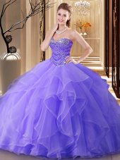 Exceptional Lavender Ball Gowns Tulle Sweetheart Sleeveless Beading Floor Length Lace Up 15th Birthday Dress
