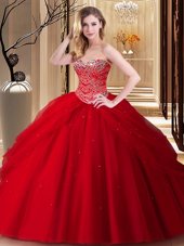 Floor Length Red 15th Birthday Dress Tulle Sleeveless Beading