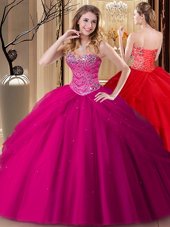 Smart Fuchsia Tulle Lace Up Quinceanera Dress Sleeveless Floor Length Beading