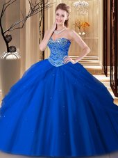 Nice Royal Blue Tulle Lace Up Quinceanera Dress Sleeveless Floor Length Beading