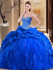 Shining Royal Blue Ball Gowns Sweetheart Sleeveless Taffeta and Tulle Brush Train Lace Up Beading and Ruffles Quinceanera Dress