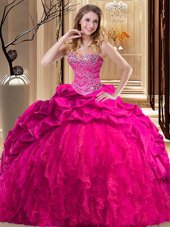 Glittering Hot Pink Ball Gowns Beading and Ruffles Vestidos de Quinceanera Lace Up Taffeta and Tulle Sleeveless