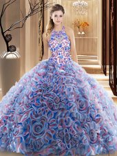 High-neck Sleeveless Fabric With Rolling Flowers Quinceanera Dresses Ruffles and Pattern Brush Train Criss Cross
