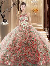 Brush Train Ball Gowns Quince Ball Gowns Multi-color High-neck Fabric With Rolling Flowers Sleeveless Criss Cross