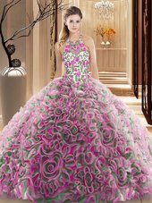Shining Criss Cross High-neck Sleeveless Ball Gown Prom Dress Brush Train Ruffles and Pattern Multi-color Fabric With Rolling Flowers
