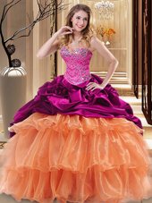 Inexpensive Beading and Ruffles 15 Quinceanera Dress Fuchsia and Orange Lace Up Sleeveless Floor Length