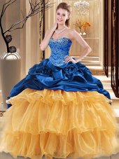 Pretty Navy Blue and Gold Lace Up Quinceanera Gown Beading and Ruffles Sleeveless Floor Length