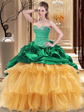 Chic Ball Gowns Quinceanera Dress Green and Gold Sweetheart Organza and Taffeta Sleeveless Floor Length Lace Up