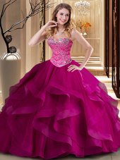 Sweet Ball Gowns 15th Birthday Dress Fuchsia Sweetheart Tulle Sleeveless Floor Length Lace Up