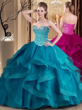 Graceful Teal Ball Gowns Beading and Ruffles Sweet 16 Dresses Lace Up Tulle Sleeveless Floor Length