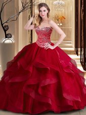 Superior Ball Gowns Quinceanera Gowns Wine Red Sweetheart Tulle Sleeveless Floor Length Lace Up