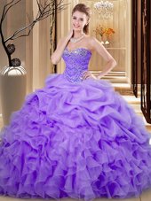 Cheap Sleeveless Floor Length Beading and Ruffles and Pick Ups Lace Up Quinceanera Gowns with Lavender