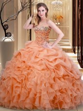 Extravagant Pick Ups Ball Gowns Quinceanera Gown Orange Sweetheart Organza Sleeveless Floor Length Lace Up