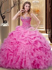 Admirable Rose Pink Ball Gowns Beading and Ruffles and Pick Ups 15 Quinceanera Dress Lace Up Organza Sleeveless Floor Length