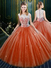 Sumptuous Sleeveless Floor Length Lace Zipper Quinceanera Gown with Orange