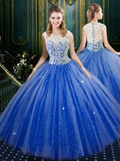 Cheap Royal Blue Zipper 15 Quinceanera Dress Lace Sleeveless Floor Length