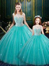 Fitting Floor Length Turquoise Ball Gown Prom Dress High-neck Sleeveless Zipper