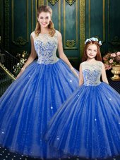 Stylish Royal Blue Tulle Zipper High-neck Sleeveless Floor Length Sweet 16 Dress Lace