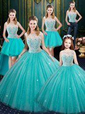 Deluxe Floor Length Ball Gowns Sleeveless Aqua Blue Sweet 16 Dresses Lace Up