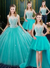 Sophisticated Four Piece Sleeveless Tulle Floor Length Zipper Quinceanera Dress in Aqua Blue for with Lace