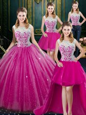 Custom Designed Four Piece High-neck Sleeveless 15 Quinceanera Dress Floor Length Lace Fuchsia Tulle