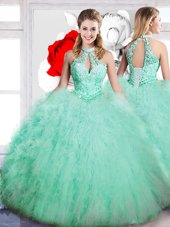 Most Popular Sleeveless Floor Length Beading Lace Up Sweet 16 Quinceanera Dress with Apple Green