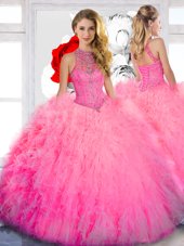 Cheap Floor Length Baby Pink Quince Ball Gowns Tulle Sleeveless Beading