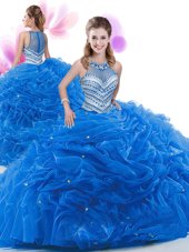 Super Court Train Ball Gowns 15 Quinceanera Dress Royal Blue Organza Sleeveless Zipper